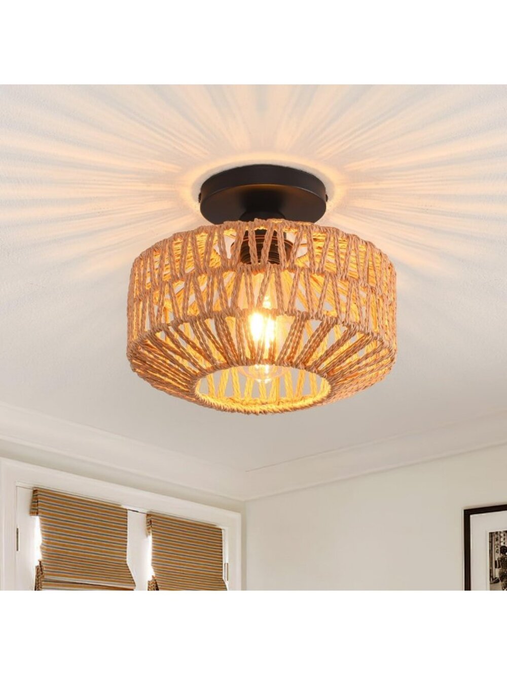 Hand-Woven Rattan Flush Mount Ceiling Light Fixture | Boho Farmhouse Lighting